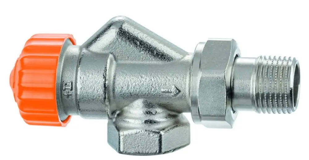 Thermostat-Ventilunterteil aus Metall mit einem orangefarbenen Verstellknopf, hergestellt von IMI Hydronic Engineering. Das Produkt hat eine axiale Form und einen Anschluss mit Gewinde.